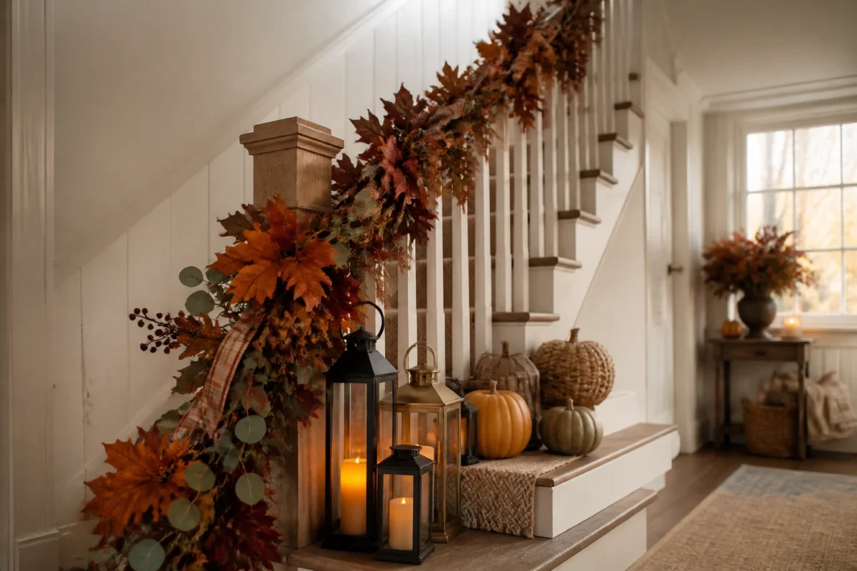 6 Fall Staircase And Banister Decor Ideas With Garlands And Lanterns